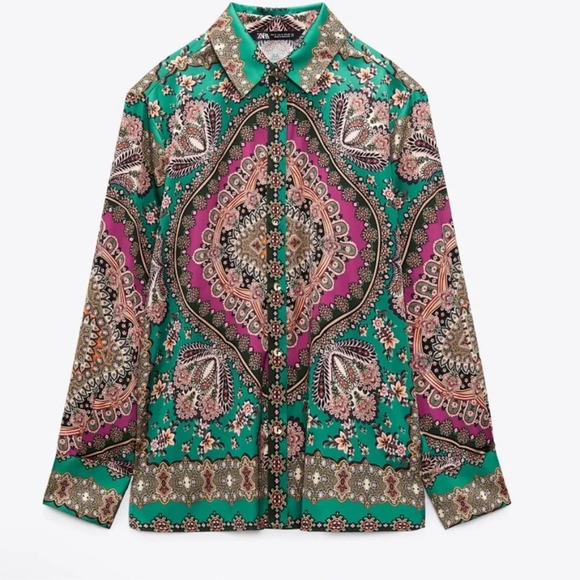 Zara Tops - Zara slowly printed long sleeve button shirt size small